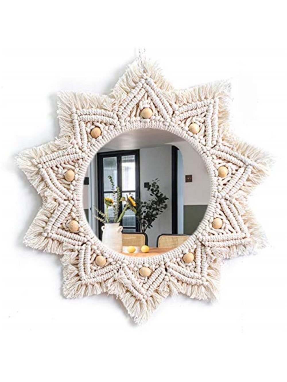 Boho Wall Decor Mirror Macrame Circle Hanging Mirror for Bedroom Living Room
